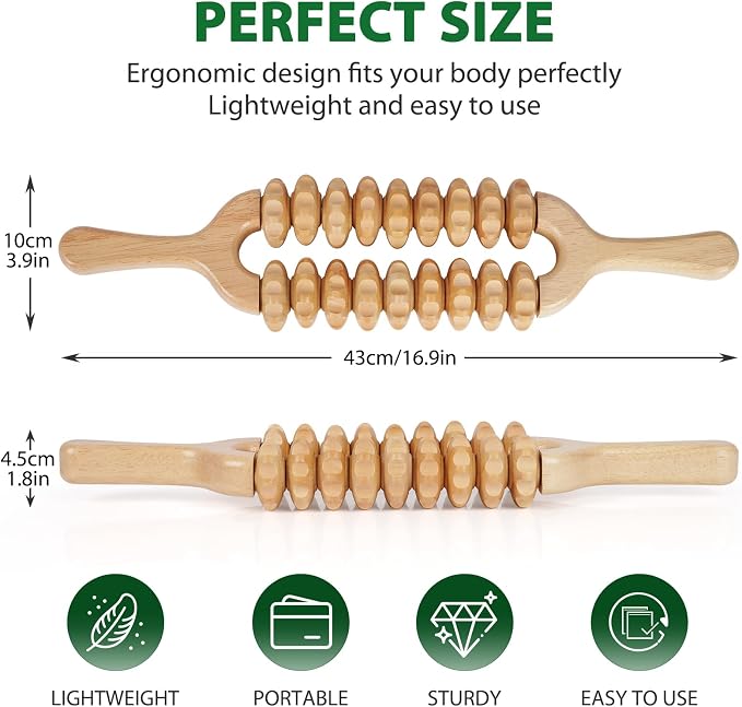 Liitrton Wooden Massage Roller for Legs, Double Row Massage Roller Stick | Smooth Body Roller, Wood Therapy Massage Tools for Trigger Points Relief, Sore Muscle Recovery