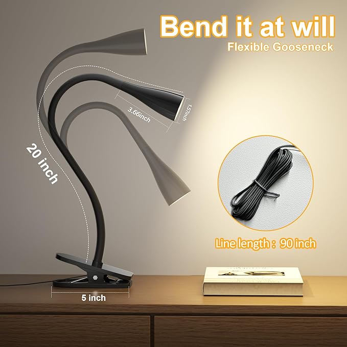 Book Light for Reading in Bed, Eye-Caring LED Reading Light, 360° Flexible Clip on headboard lamp, 5W 3000k Desk Lamp with Clamp for Bedroom, Office, Painting, Workbench and Sewing, Black