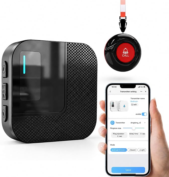 SanJie WiFi Caregiver Pager with Remote App Alerts & Family Sharing, IP55 Water-Resistant Call Button for Elderly at Home, Recovery Care & Night Care, 110dB Loud Alarm & 20 Chimes (Only 2.4GHz Wi-Fi)
