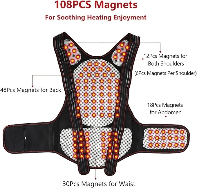 Physical Therapy Back Brace Posture Corrector for Seniors Men & Women Self-Heating 108pcs Magnets Full Back Lumbar Support Belt Shirts Vest Pain Relief for The Elderly, Black, XL/X-Large