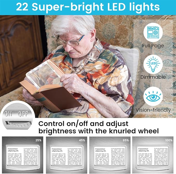 Rechargeable 5X Magnifying Glass for Reading, Large Bright Full Page Magnifier with Light, Handheld LED Dimmable Lighted, Lightweight Book Magnifier for Reading Small Prints Seniors - Silver