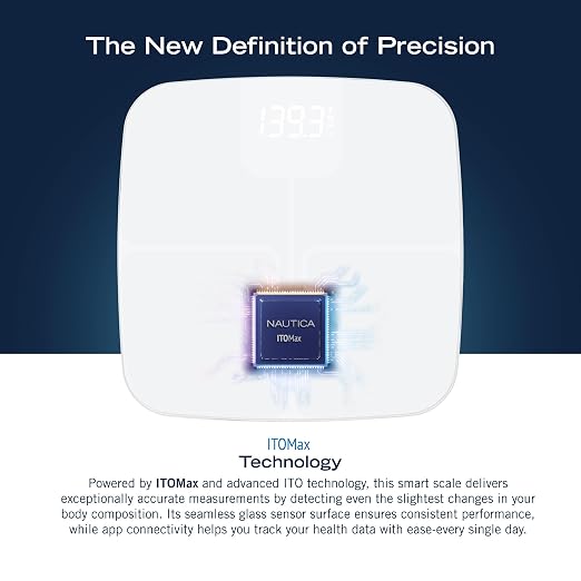 Nautica Body Tracker Digital Bathroom Scale, Bluetooth-Enabled Smart Scale with BMI, Body Fat, Muscle Mass Tracking & More, Syncs with Smartphone App for Body Composition Tracking, 440 Lbs.