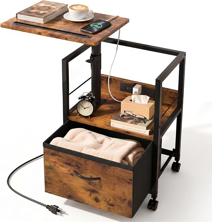 Faesun Swivel Lift Top Nightstand with Charging Station, Rolling Side Table for Recliner, Bedside Table with Wheels & a Fabric Drawer, for Small Spaces, for Bedroom, Living Room, Brown
