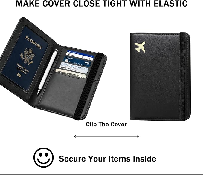 RFID Blocking Passport Holder for Travel – PU Leather Waterproof Lightweight Passport Cover Wallet for Women Men, Travel Organizer with Card Slots for Airline Tickets & Passport Book (Black)