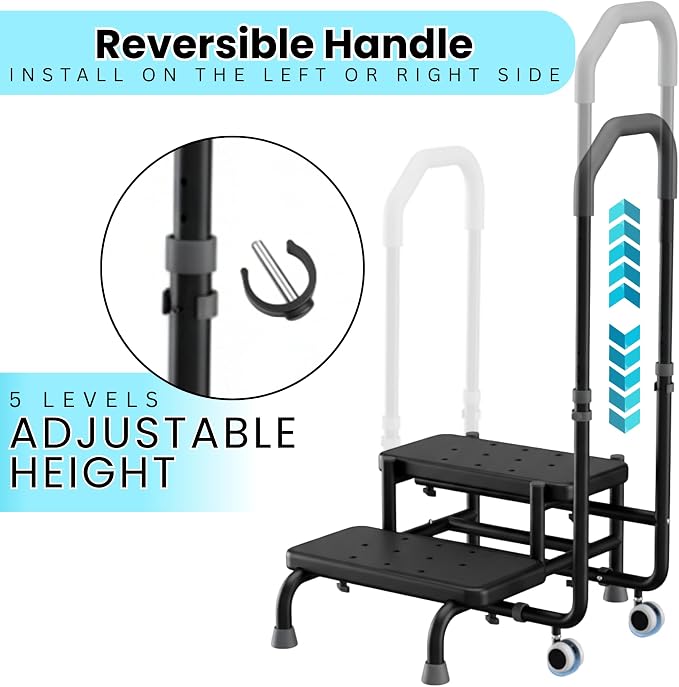 2 Step Stool with Handle & Wheels for Seniors, 400 lbs Capacity, Heavy Duty Step Stool for Bed, Adjustable 5-Level Handrail, Non-Slip Wide Steps, for Grandpa