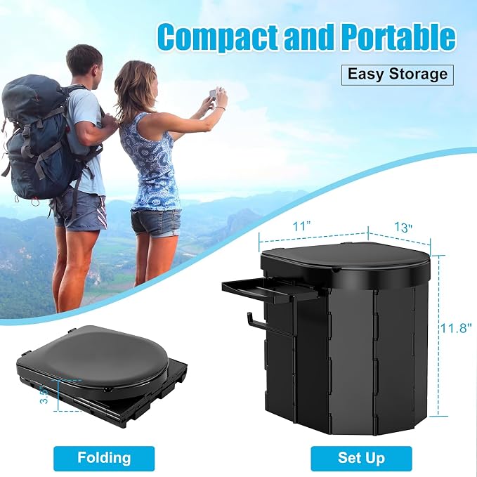 Portable Camping Toilet, Foldable Toilet for Adults with Detachable Phone Shelf and Toilet Paper Holder, Waterproof Porta Potty with Lid for Camping, Hiking, RV Travel, Road Trips
