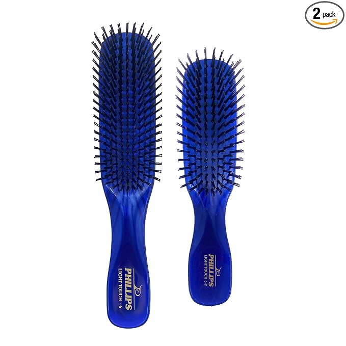 Phillips Brush Light Touch 6 Hair Brush, Full + Petite Combo, Sapphire Blue | Flexible Nylon Bristles, Gentle Detangling & Smoothing for All Hair Types, 7.75 & 6.25 Inch Brushes