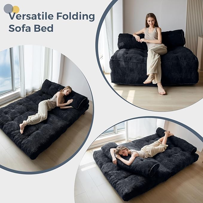 MAXYOYO Folding Sofa Bed, Convertible Sleeper Chair with Pillow Foldable Matress with Back Support, Portable Fold Out Chair Bed Comfy Floor Sofa Lounge for Living Room Bedroom, Black Double