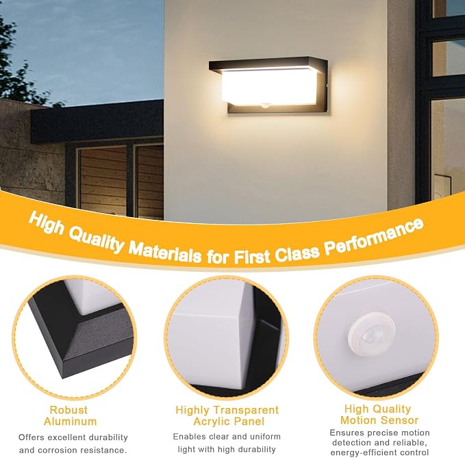 18W Motion Sensor LED Wall Light, IP65 Outdoor Porch Light 110V | Hardwired design, aluminum housing, dusk to dawn function, applicable for outdoor porch and indoor lighting