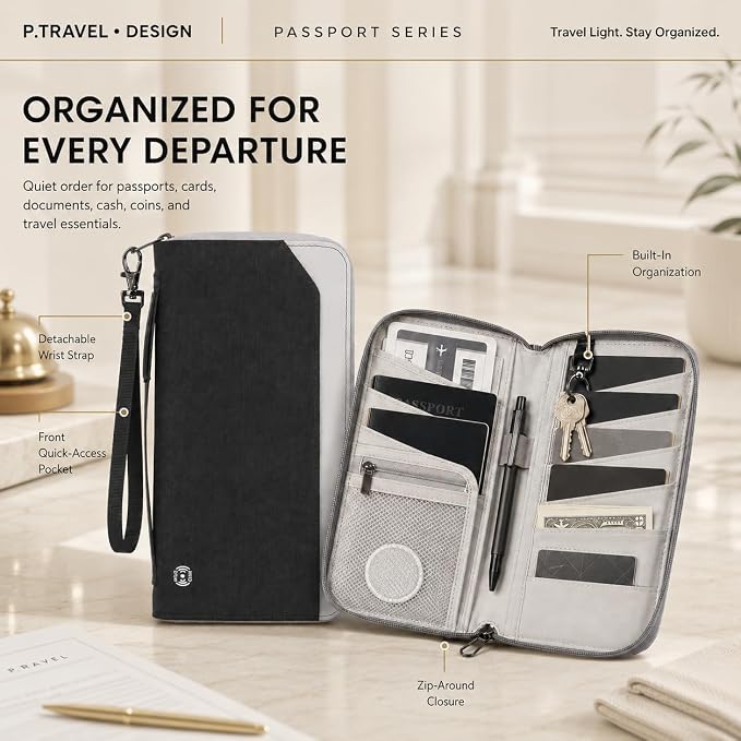 Family Passport Holder for 6, RFID Blocking Travel Wallet with AirTag Holder, Large Travel Document Organizer Pouch for Women Men with Neck Strap and Zipper Pocket