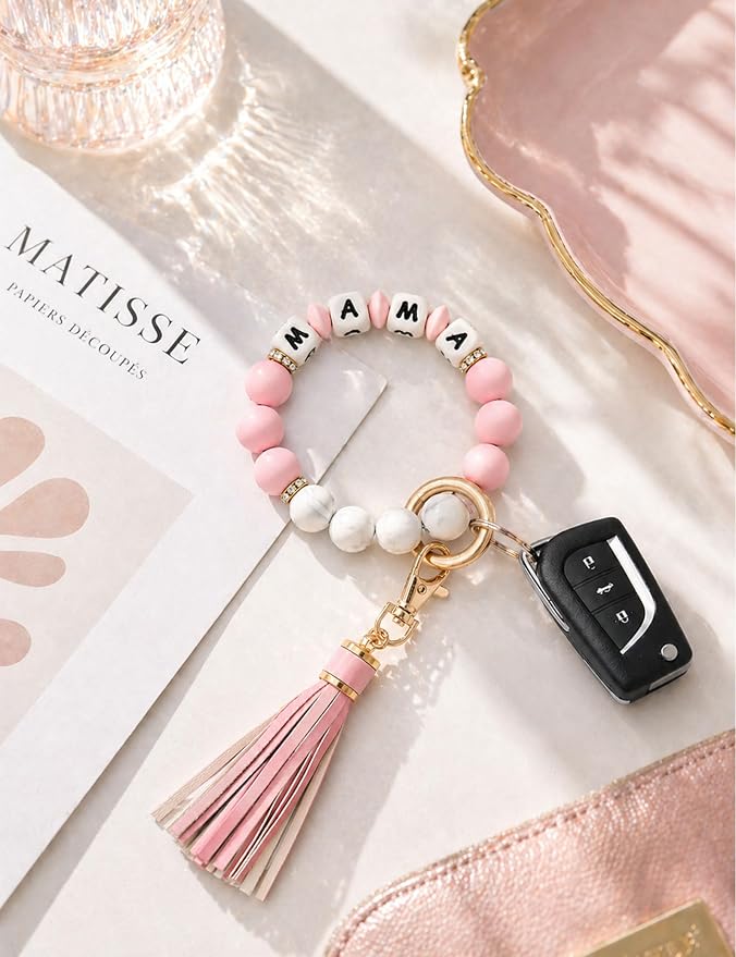 BAOSIWA Silicone Beaded Bracelet Keychain Wristlet Key Ring Bangle Chains for Women with Leather Tassel