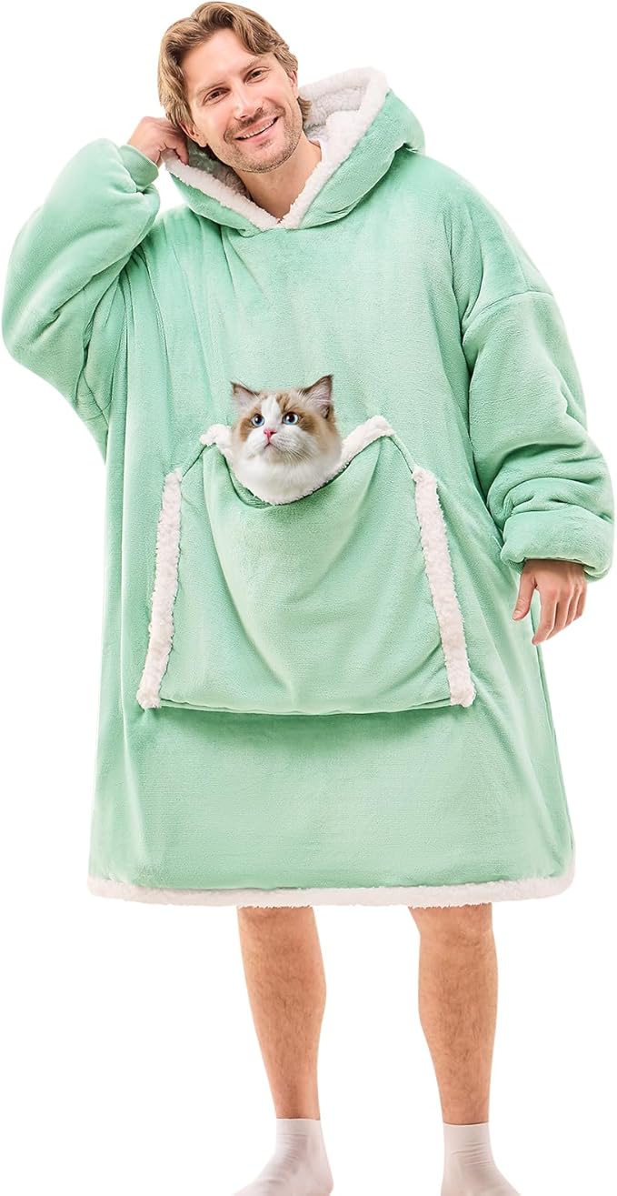 JOYWOO Green Oversized Wearable Blanket Hoodie, Cat lovers Long Hoodie Blanket for Adult,Birthday Gifts for Women Men Mom,Cozy Sherpa Hooded Blanket Giant Pocket Winter Gifts,Sage green Oversize