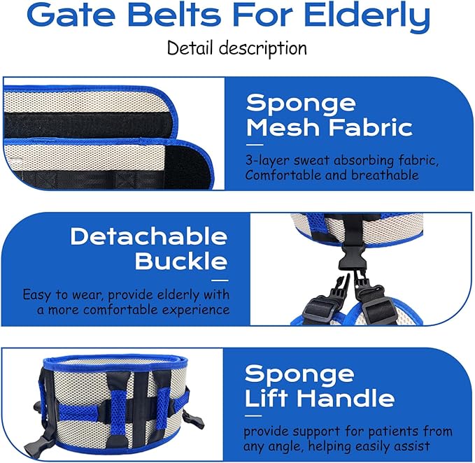 Adjustable Gait Belts for Seniors with Handles, Gate Belts Medical for Elderly, Transfer Belt for Elderly and Disabled, Safety Belt for Elderly Walking, Transfer Sling to Wheelchair (Blue)