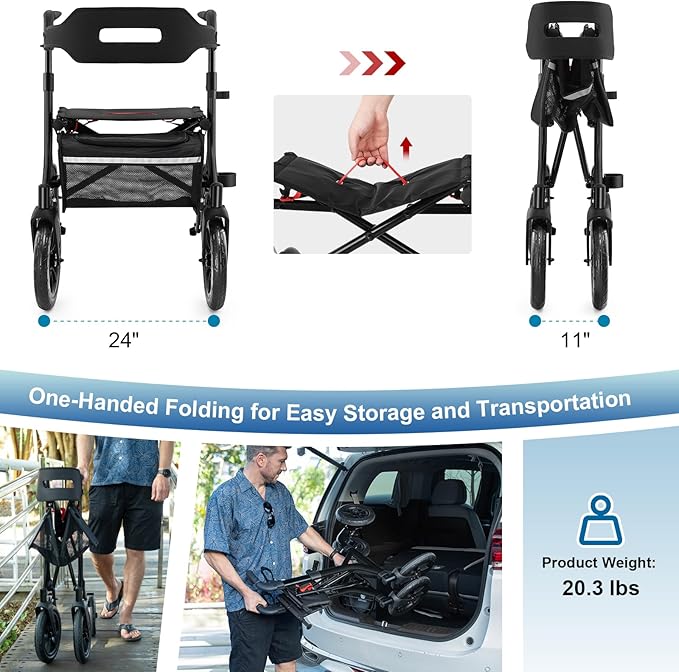 Walkers for Seniors, Rollator Walker with Seat, 12" Big Rubber Wheels All Terrain Rollator Walker with Backrest, Built-in Cable, Cup Holder, Foldable and Height Adjustment for Seniors, Black