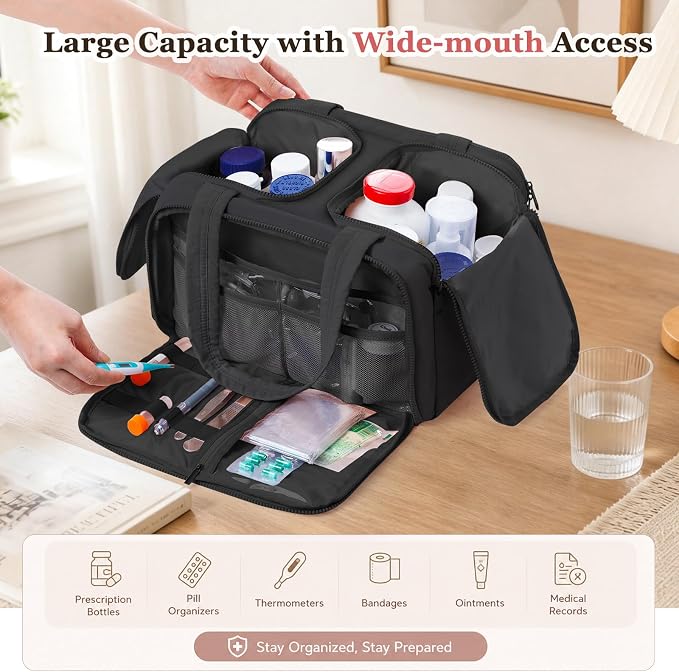 Travel Medicine Storage Bag with 2 Compartments, Wide-Mouth Medical Organizer, Puffy Lightweight First Aid Bag for Prescription Bottles, Pill Cases, Medical Supplies & Family Emergency Essentials