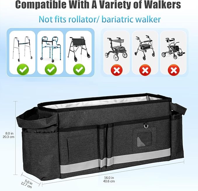 AMEDELE Walker Basket for Seniors With Cup Holder, Foldable Walker Bag with Large Capacity,Walker Accessories for Folding Walker-Not Fit for Rollator (Black)