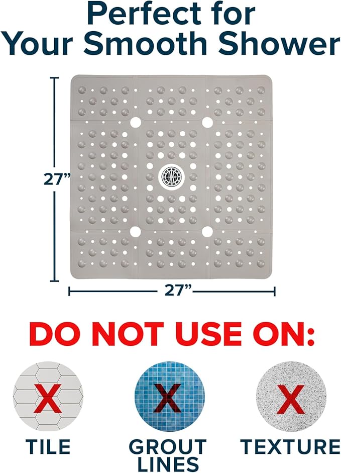SlipX Solutions 27" Oversize Square Shower Mat, Non-Slip Mat for Elderly & Kids, 100+ Power Grip Suction Cups for Smooth Surfaces, Machine Washable, Solid Tan