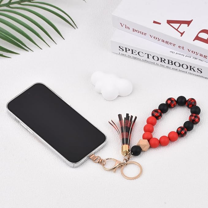 BAOSIWA Silicone Key Ring Bracelet Wristlet Keychain Unique Beaded Bangle Key Chains for Women with Leather Tassel