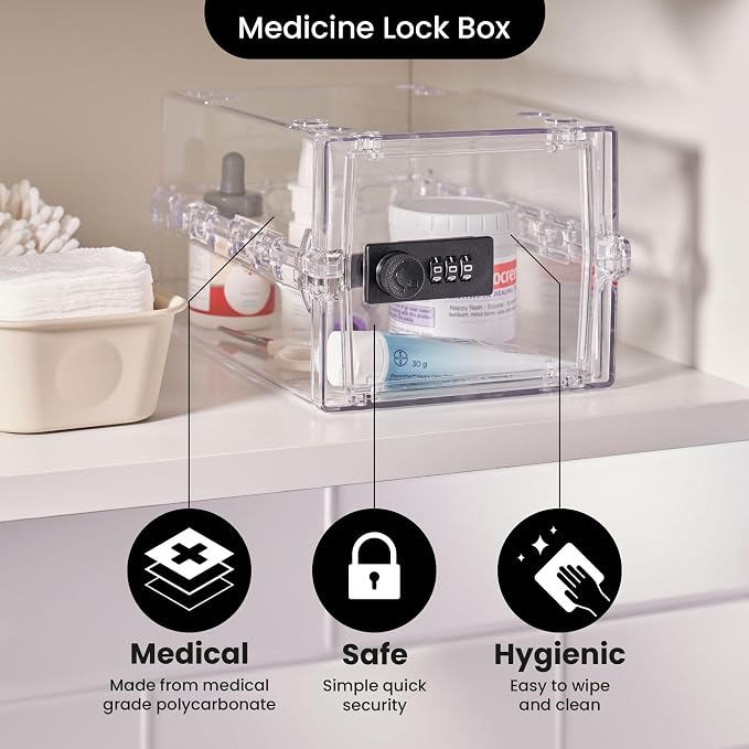 Lockabox Mini™ | Small Lock Box with Combination Lock (Half Letter Sized) | Mini Lockable Box for Small Medicines, Snacks & Mobile Phones | External Size 8.8 x 6.1 x 4.7 Inches (Crystal)