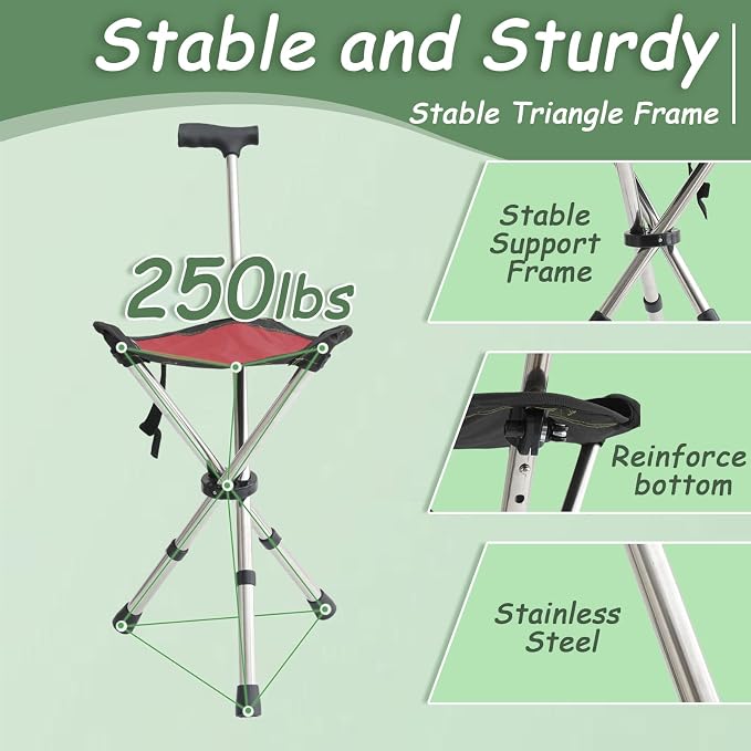 King Mills Lightweight Portable Stools for Adults Heavy Duty, Adjustable Walking Chair for Adults, Anti-Slip Cane Seat Walking Stick Folding Seat 250 Lbs Above Ideal for Camping & Hiking