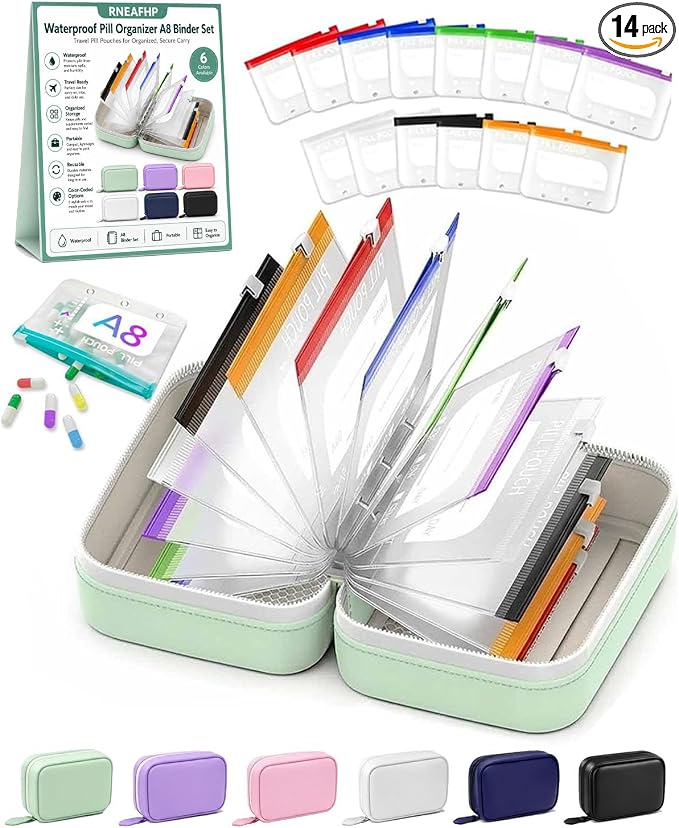 Waterproof Pill Organizer A8 Binder Set Pill Pouches for Travel 14PCS Bags Inside Large Zippered Pouch Bpa-Free Weekly Medicine Air Tight Pocket Color-Coded Reusable Travel Storage System