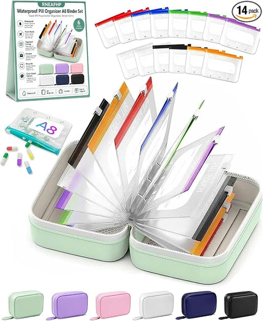 Waterproof Pill Organizer A8 Binder Set Pill Pouches for Travel 14PCS Bags Inside Large Zippered Pouch Bpa-Free Weekly Medicine Air Tight Pocket Color-Coded Reusable Travel Storage System