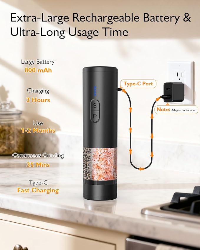 Electric Salt and Pepper Grinder Set, 2 in 1 Dual Bins USB Rechargeable Refillable Automatic Salt and Pepper Mill Shaker with LED Light, Dual Ceramic Grinder Adjustable Coarseness, kitchen gift, Black