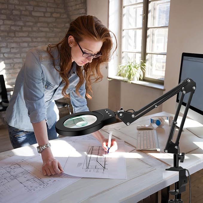 Magnifying Glass Light Clamp Desktop Lamp Stand Desk Table Close Work Up for Crafting, Model Assembly, Reading, Sewing, Jewelry Making, 10X-5X HD Magnifier 50 illumination Options for Elderly