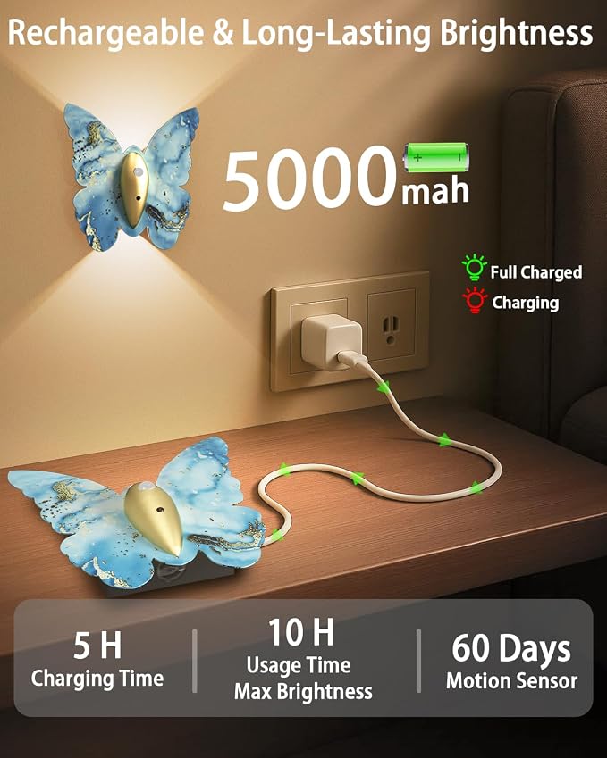 Eneru Motion Sensor Wall Sconce Set of 2, Rechargeable Wall Lights, Indoor | 5000mAh Battery Operated Wall Sconces, Magnetic Butterfly Motion Night Light for Hallway Stair Closet Pantry, Blue & Gold