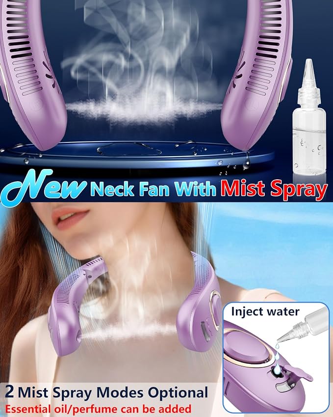Neck Fans Portable Rechargeable Personal Misting Fan,Fold Up Compact Necklace Fan with Mist,Soundless Powerful Mobile Body Air Cooler with Digital LED Display, Presents for Adults Kids Elderly Purple