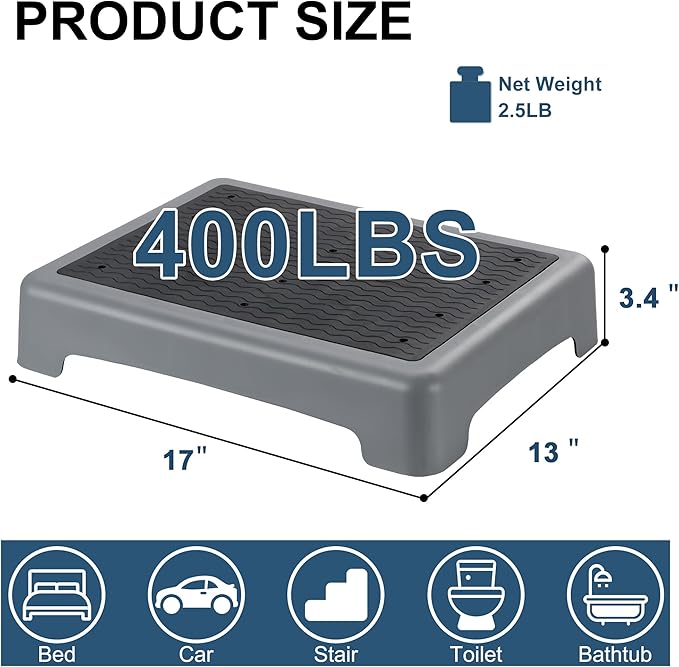 Mobility Step Stool for Adults & Seniors,Indoor/Outdoor Portable Stair Assist,Anti-Slip Bathroom Step Platform for Kitchen,Office, Door,Bedside,Stairs,Car for Elderly,Grey-Black