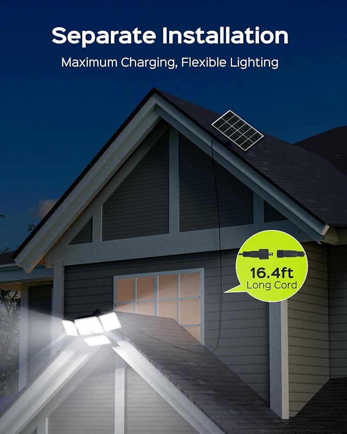 SUPERDANNY Solar Lights Outdoor Remote Control with 16.4ft Cable 1 Pack | 3 Modes 4-Head Motion Sensor Outdoor Flood Lights Dusk to Dawn, IP65 Waterproof, Solar Lights for Garden Barn Porch