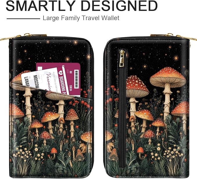 Family Passport Holder Wallet RFID Blocking Document Organizer | PU Leather Mulit-purpose Travel Wallet Credit Cards Case for Women Men, Mushroom