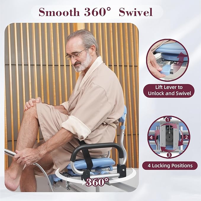 Sliding Shower Chair with 360°Swivel Seat, Adjustable Height & Backrest Shower Chair Tub Transfer Bench with Safety Belt, Pivoting Armrests Swivel Shower Chair for Elderly, 330 Lb Capacity Blue