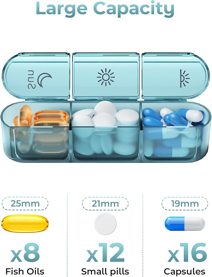 Windtrace Pill Organizer 3X a Day - Dusty Blue Portable Pill Case | Easy Carry, 3x Daily, Fade-Proof, Bold Labels, Arthritis-Friendly, One-Handed, Spill-Proof, Double-Layer, ABS Shell
