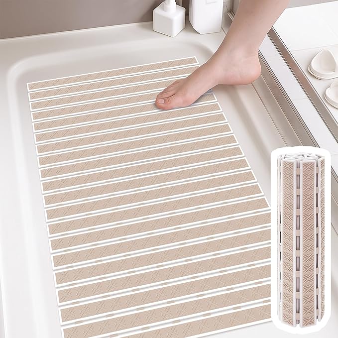 Non Slip Rubber Bathtub & Shower Mat - Fast Drain & Upright Drying Design, Strong Suction Cups, Structured Textured Surface, Low-Maintenance Bathroom Safety Mat, 27 x 16 Inch, Beige, Matace