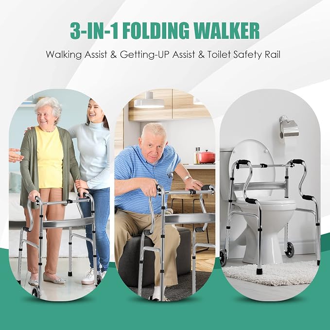 Goplus 3-in-1 Stand-Assist Folding Walker with 5" Wheels, Heavy Duty Walking Mobility Aid Supports up to 220lbs, Can be Used as Toilet Safety Rail, Narrow Drive Walkers for Seniors Elderly Adult