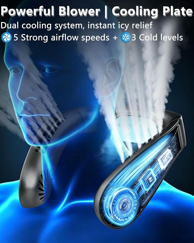 FWV Neck Fan with Cooling Plate, Quiet 30dB, 3-24Hrs Cooling,5500mAh Battery,LED Display Necklace AC Cooler, USB Bladeless Portable Personal Wearable Fans that Blow Cold Air for Men Women Kids Black
