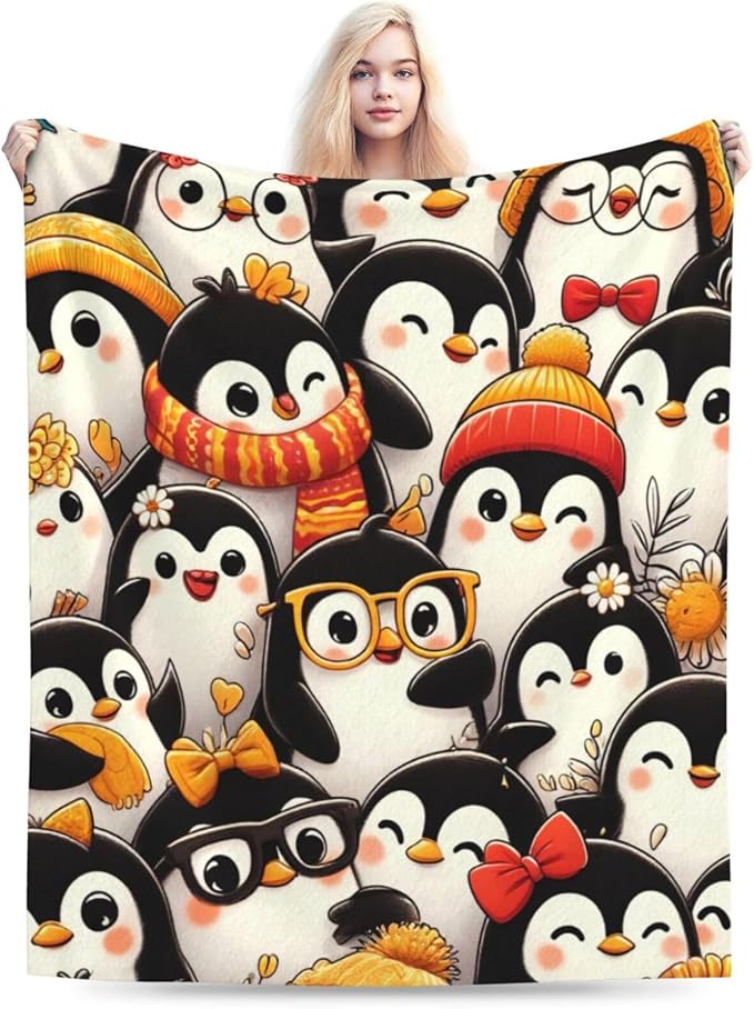 Funny Penguin Blanket Soft Warm Cute Kawaii Penguin Plush Throw Blanket Cozy Flannel Fuzzy Fleece Bedding Stuff Animal Decor Blanket Gifts for Lover Girls Boys Kids Teens Adults Women 60"x80"