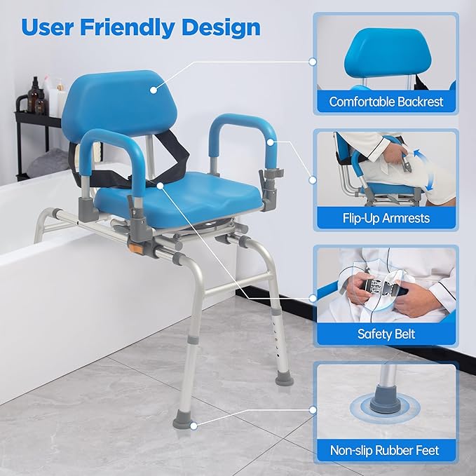 FSA/HSA Eligible Sliding Shower Chair with Swivel Seat, Rotating Tub Transfer Bench Shower Bench with Padded Seat and Backrest for Elderly and Disabled, Blue