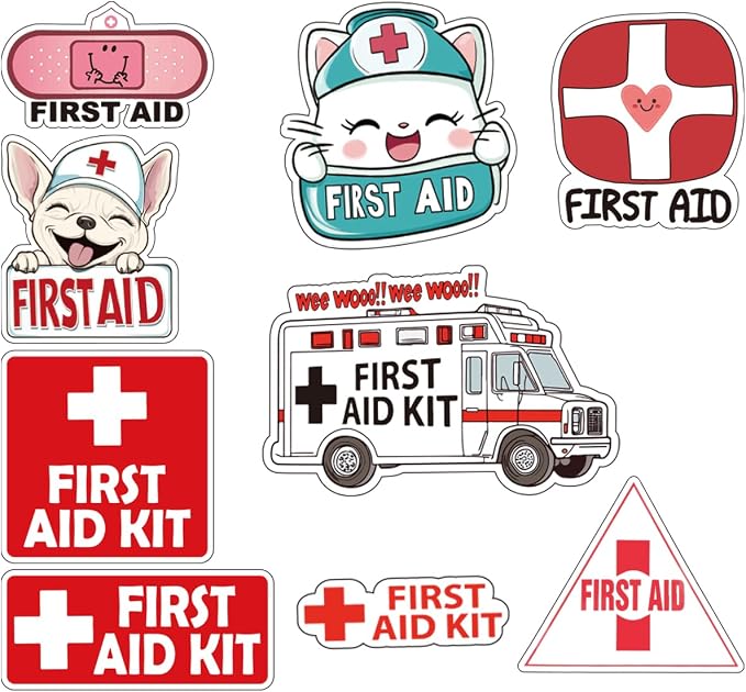 First Aid Sticker Decal Set | Self-Adhesive Vinyl Decals | 1st Aid Emergency Box Package | 9 Designs, 16 Pieces