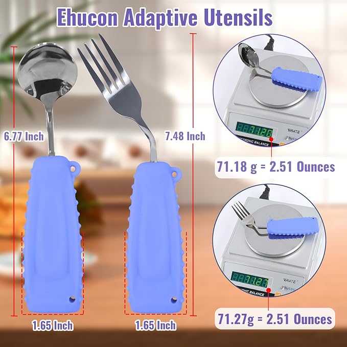 Adaptive Utensils,Curved Angled Spoon and Fork Set,for Tremors Parkinsons Limited or Elderly,Lightweight Cutlery with Non-Slip Easy Grip Handles