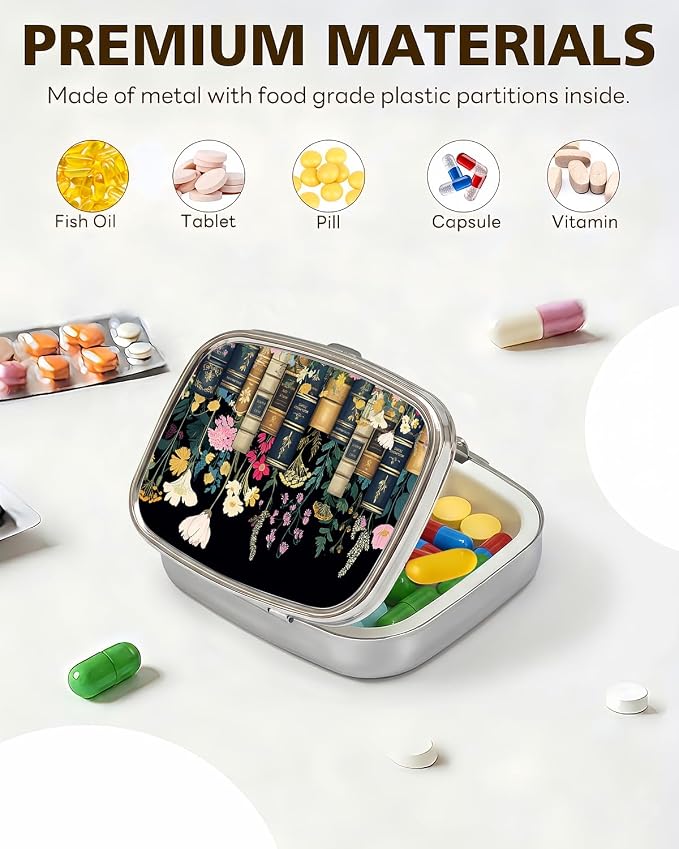 LRITER Pill Case, 2 Compartment Portable Small Travel Pill Organizer for Purse and Pocket, Stylish Medicine Case with Multiple Patterns, Daily Pillbox for Home & Travel (Flowers and Books)
