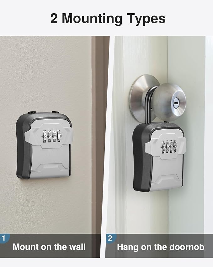 Puroma Lock Box, Key Lock Box Wall Mount & Portable Combination Lockbox with Resettable Code, Security Lockbox for Outside House Keys, Apartment Realtors Spare Keys Storage (2 Packs, Gray)