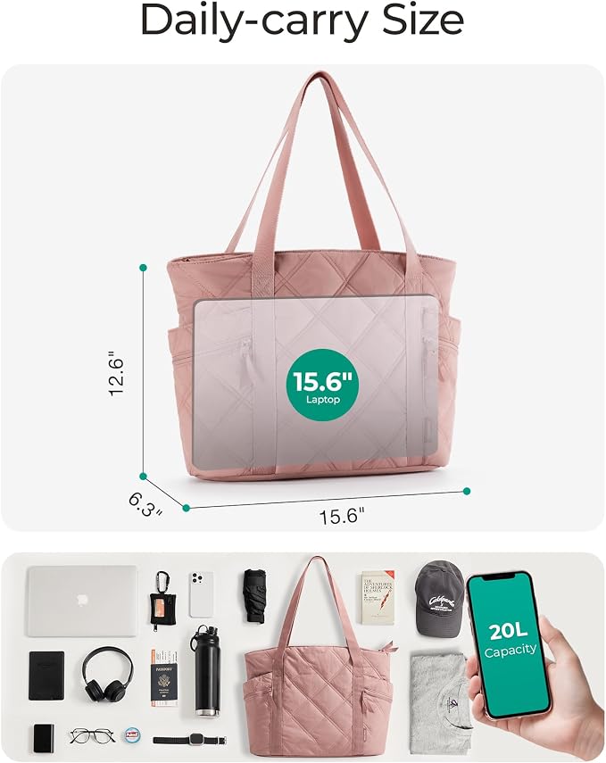 BAGSMART Crush Tote Bag for Women, 20L Puffer Work Tote with Zipper | Quilted Nurse Hospital Bag For Travel College Gym