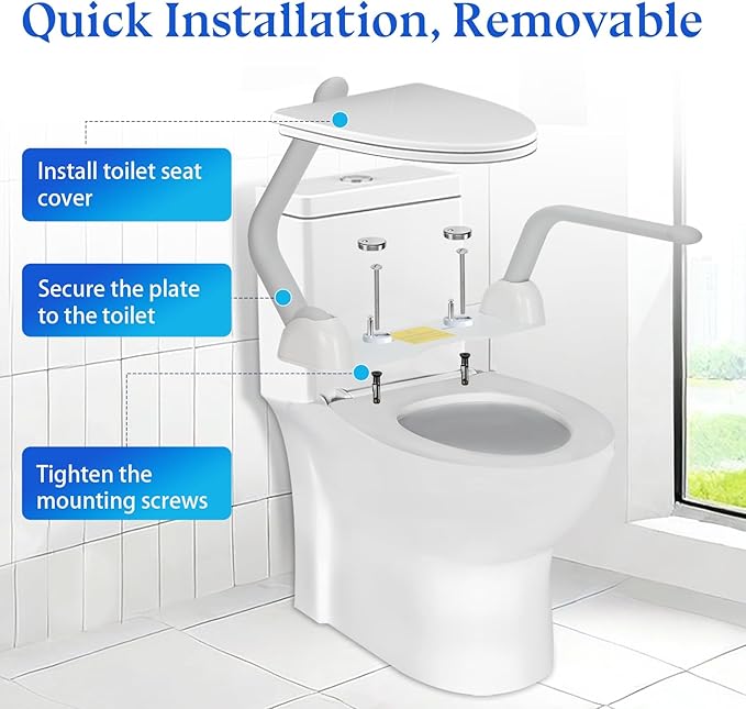 Toilet Safety Rails for Seniors, Adjustable Armrest, Space Saving, Stylish and Durable, Anti Slip and Anti Fall, Suitable for Elderly, Disabled, Pregnant Women with Armrest Toilet Safety Rail