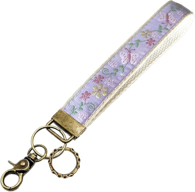 Boho Vintage Embroidered Floral plant Wristlet Keychain for Women | Cute Lanyard&Antique Brass Clasp, Lightweight Hands-Free Key Holder for keys,purses,handbags and daily outdoor use for ladies