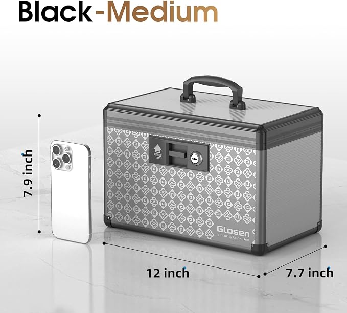 Glosen Medicine Lock Box Storage Lock Box 【Black-Medium12 X 7.68 X 7.87 Inch】 Lockable Dorm Storage Trunk with Key Lock - Briefcase, Lock Boxes for Personal Items
