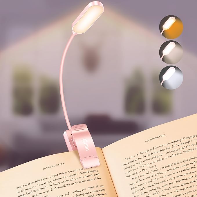 Gritin 16 LED Rechargeable Book Light for Reading in Bed | Eye Caring 3 Color Temperatures, Stepless Dimming Brightness, 80 Hrs Runtime, Lightweight Flexible Clip on Light-Pink