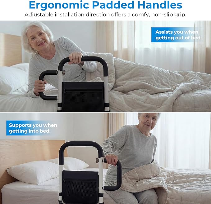 Bed Rails for Elderly Adults Safety, for 400Lbs, Dark Black | Bed Rail for Seniors with Motion Sensor Light, Height Adjustable Bed Assist Bar, Non-Slip Handle, Storage Bag
